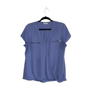 Maurices Periwinkle Blue Zip Pocket The Perfect Wrap Front Blouse Sz L fits med